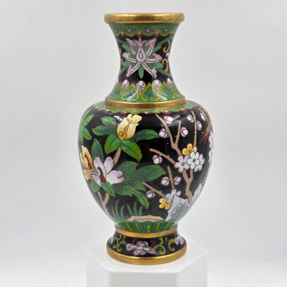 Jingtai Cloisonné Enamel Peony Motif Ruyi Border Bud Base - Picture 3 of 14
